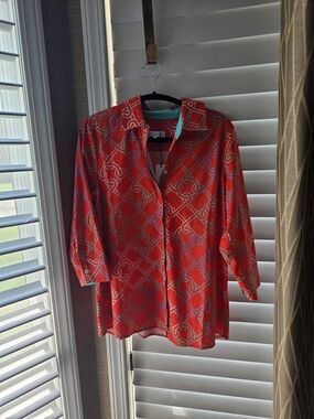 Perlavera Summery Orange Geometric Pattern Shirt